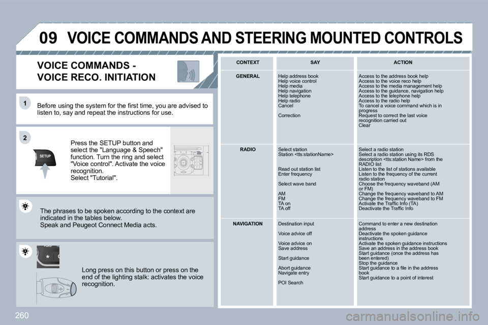 PEUGEOT 308 SW BL 2009  Owners Manual 260
TU
PQRS
0
*
�1�1
SETUP
�2�2
�0�9
� � �B�e�f�o�r�e� �u�s�i�n�g� �t�h�e� �s�y�s�t�e�m� �f�o�r� �t�h�e� �ﬁ� �r�s�t� �t�i�m�e�,� �y�o�u� �a �r�e� �a�d�v�i�s�e�d� �t�o� listen to, say and repeat the 