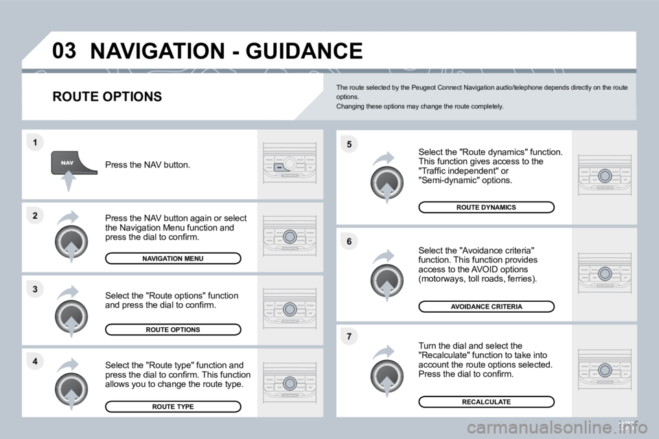 PEUGEOT 308 SW BL 2009  Owners Manual 277
�4
�3
�2
�1
�7
�6
�5
�0�3� �N�A�V�I�G�A�T�I�O�N� �-� �G�U�I�D�A�N�C�E� 
� � �R�O�U�T�E� �O�P�T�I�O�N�S� 
� � �S�e�l�e�c�t� �t�h�e� �"�R�o�u�t�e� �d�y�n�a�m�i�c�s�"� �f�u�n�c�t�i�o�n�.�  Th