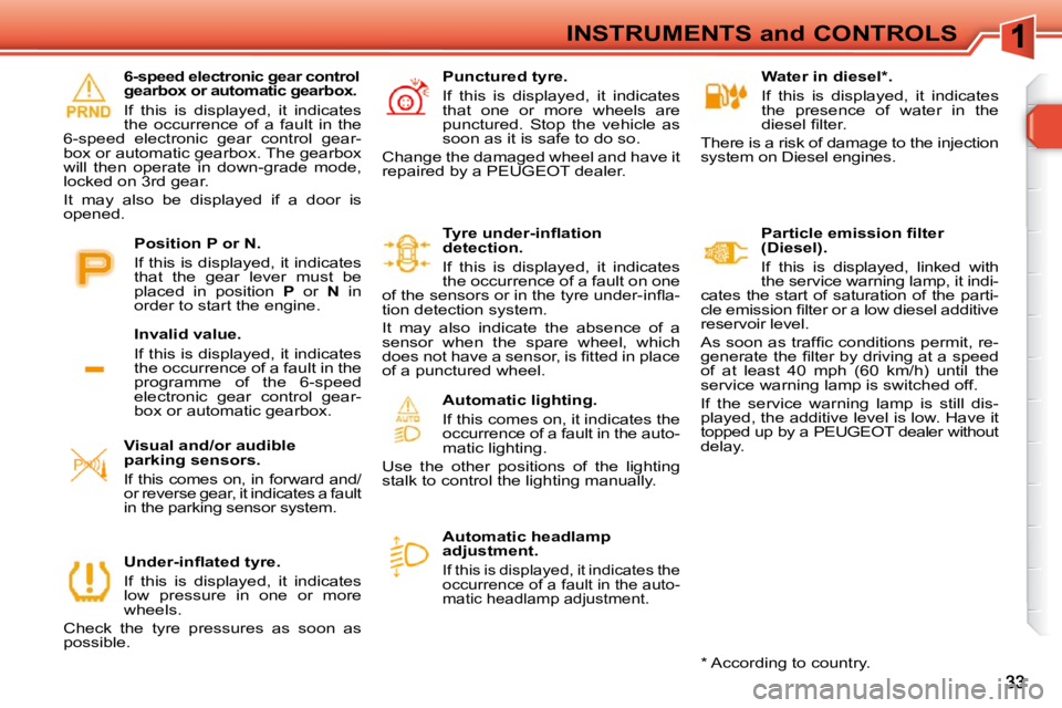PEUGEOT 308 SW BL 2009 Owners Manual INSTRUMENTS and CONTROLS   Water in diesel * .  
 If  this  is  displayed,  it  indicates  
the  presence  of  water  in  the 
�d�i�e�s�e�l� �ﬁ� �l�t�e�r�.� 
 There is a risk of damage to the inject