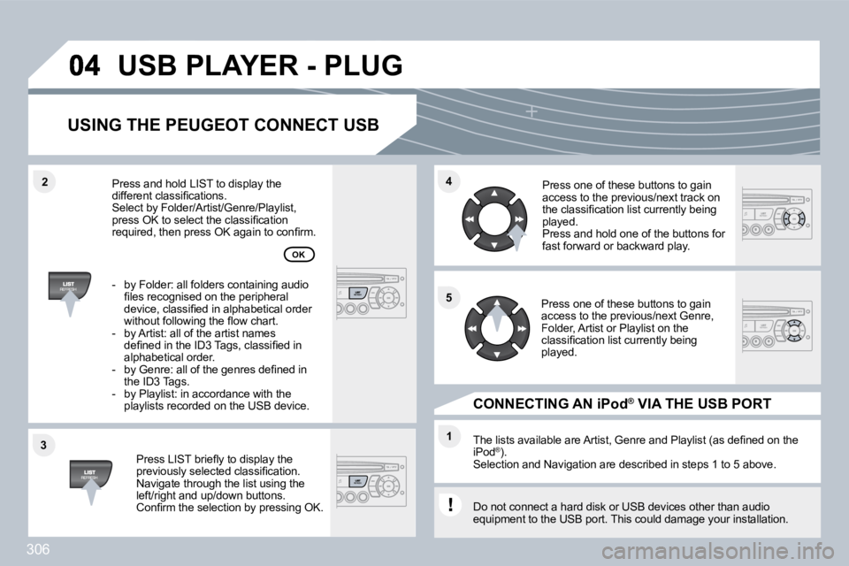 PEUGEOT 308 SW BL 2009  Owners Manual 306
�3�3
�4�4
�1�1
�5�5
�2�2
� �U�S�B� �P�L�A�Y�E�R� �-� �P�L�U�G� 
� � �U�S�I�N�G� �T�H�E� �P�E�U�G�E�O�T� �C�O�N�N�E�C�T� �U�S�B� 
� � �P�r�e�s�s� �L�I�S�T� �b�r�i�e�ﬂ� �y� �t�o� �d�i�s�p�l�a�y� �