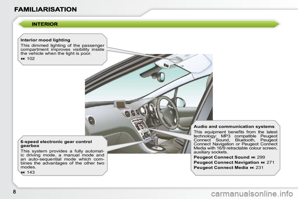 PEUGEOT 308 SW BL 2009  Owners Manual   Interior mood lighting  
 This  dimmed  lighting  of  the  passenger  
compartment  improves  visibility  inside 
the vehicle when the light is poor.  
   
�   102   
  6-speed electronic gear co