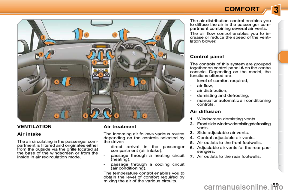 PEUGEOT 308 SW BL 2009 Workshop Manual 55
COMFORT
VENTILATION   Air treatment  
 The incoming air follows various routes  
depending  on  the  controls  selected  by 
the driver:  
   -   direct  arrival  in  the  passenger compartment (ai