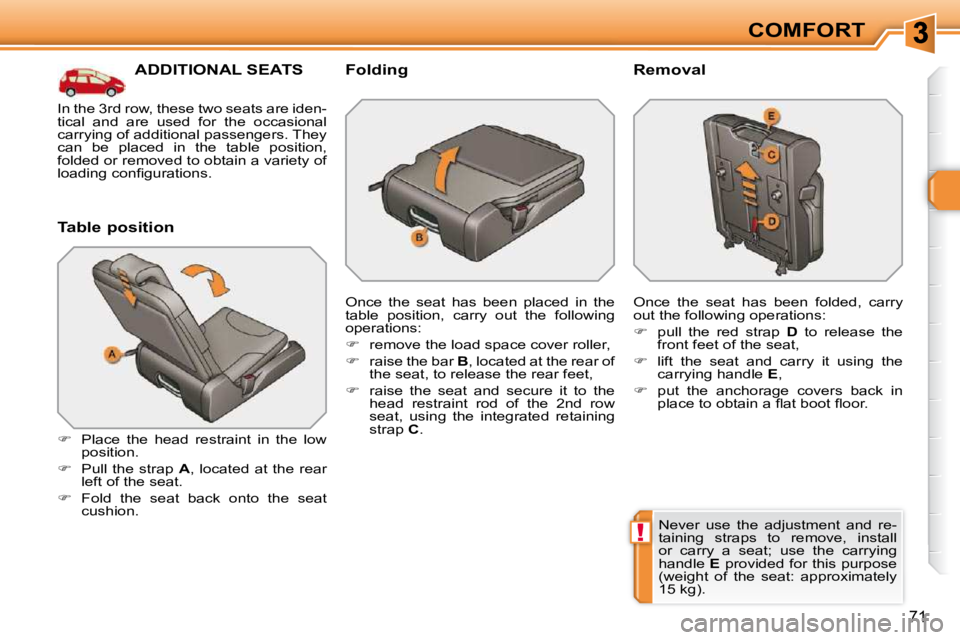 PEUGEOT 308 SW BL 2009 Manual PDF !
71
COMFORT
ADDITIONAL SEATS 
  Table position  
   
�    Place  the  head  restraint  in  the  low 
position. 
  
�    Pull  the  strap    A ,  located  at  the  rear 
left of the seat. 
  
��