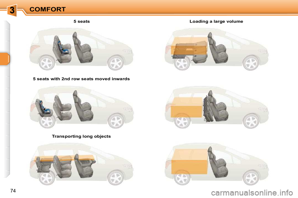 PEUGEOT 308 SW BL 2009 Manual PDF 74
COMFORT  5 seats  
� � �5� �s�e�a�t�s� �w�i�t�h� �2�n�d� �r�o�w� �s�e�a�t�s� �m�o�v�e�d� �i�n�w�a�r�d�s� � 
� � �T�r�a�n�s�p�o�r�t�i�n�g� �l�o�n�g� �o�b�j�e�c�t�s� �  � � �L�o�a�d�i�n�g� �a� �l�a�r