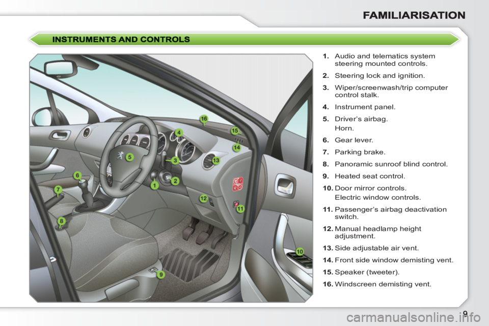 PEUGEOT 308 SW BL 2010 Owners Manual
1.
Audio and telematics system
steering mounted controls.
2.
Steering lock and ignition.
3.
Wiper/screenwash/trip computer
control stalk.
4.
Instrument panel.
5. PEUGEOT 308 SW BL 2010 Owners Manual
1.
Audio and telematics system
steering mounted controls.
2.
Steering lock and ignition.
3.
Wiper/screenwash/trip computer
control stalk.
4.
Instrument panel.
5.