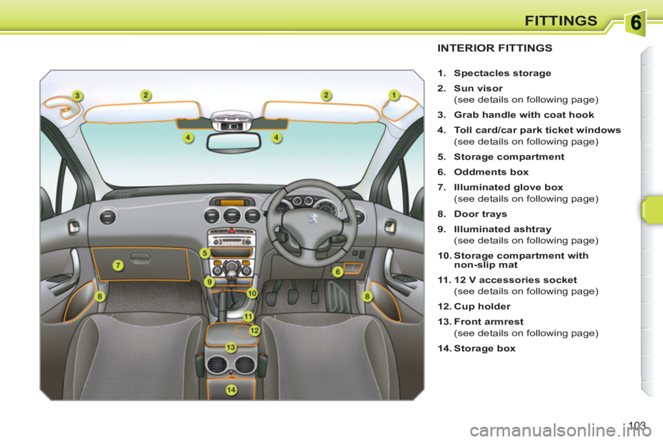 PEUGEOT 308 SW BL 2010  Owners Manual 103
FITTINGS
INTERIOR FITTINGS
   
 
1. 
  Spectacles storage 
 
   
2. 
  Sun visor 
 
 
  (see details on following page) 
   
3. 
  Grab handle with coat hook 
 
   
4. 
  Toll card/car park ticket