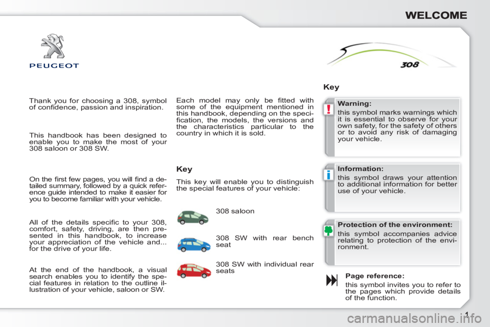 PEUGEOT 308 SW BL 2010 Owners Manual !
i
Thank you for choosing a 308, symbol
of confi dence, passion and inspiration.
Page reference:
this symbol invites you to refer to
the pages which provide details
of the function.
PEUGEOT 308 SW BL 2010 Owners Manual !
i
Thank you for choosing a 308, symbol
of confi dence, passion and inspiration.
Page reference:
this symbol invites you to refer to
the pages which provide details
of the function.