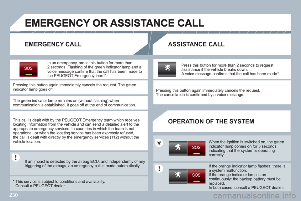 PEUGEOT 308 SW BL 2010 Owners Manual 230
EMERGENCY CALLASSISTANCE CALL
OPERATION OF THE SYSTEM
In an emergency, press this button for more than 2 seconds. Flashing of the green indicator lamp and avoice message confi rm that the cal PEUGEOT 308 SW BL 2010 Owners Manual 230
EMERGENCY CALLASSISTANCE CALL
OPERATION OF THE SYSTEM
In an emergency, press this button for more than 2 seconds. Flashing of the green indicator lamp and avoice message confi rm that the cal