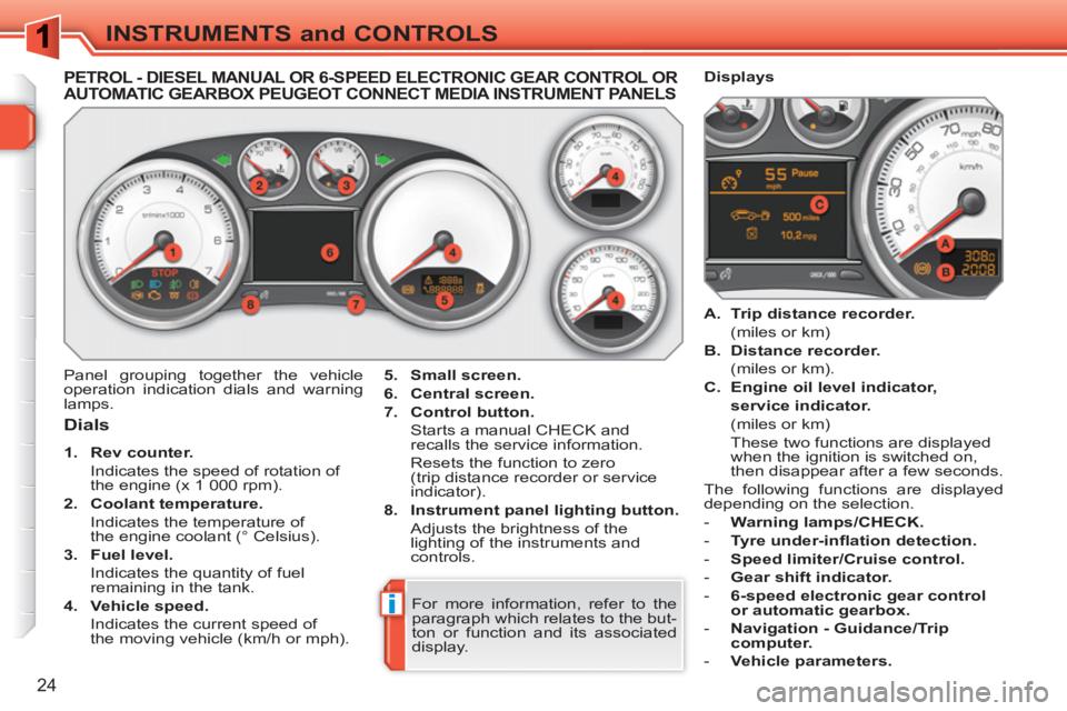 PEUGEOT 308 SW BL 2010 Owners Manual i
24
INSTRUMENTS and CONTROLS
   
 
 
 
 
 
 
 
 
 
 
 
PETROL - DIESEL MANUAL OR 6-SPEED ELECTRONIC GEAR CONTROL ORAUTOMATIC GEARBOX PEUGEOT CONNECT MEDIA INSTRUMENT PANELS
 
 
Dials 
 
 
 
1. 
  Rev
