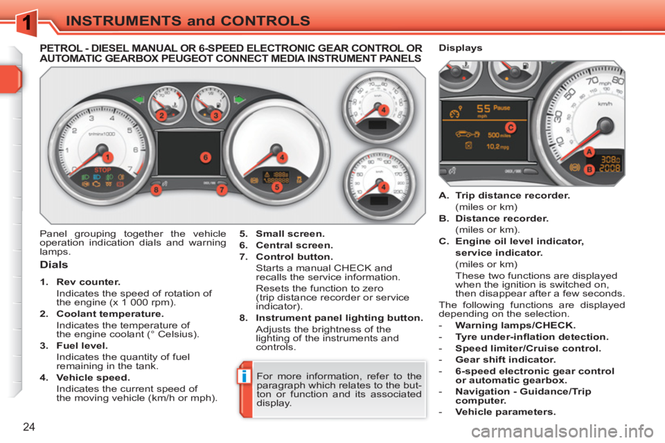 PEUGEOT 308 SW BL 2010  Owners Manual i
24
INSTRUMENTS and CONTROLS
   
 
 
 
 
 
 
 
 
 
 
 
PETROL - DIESEL MANUAL OR 6-SPEED ELECTRONIC GEAR CONTROL ORAUTOMATIC GEARBOX PEUGEOT CONNECT MEDIA INSTRUMENT PANELS
 
 
Dials 
 
 
 
1. 
  Rev