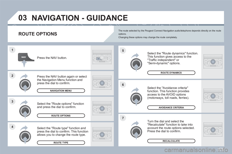 PEUGEOT 308 SW BL 2010 Owners Manual 279
4 3 2 1
7 6 5
03NAVIGATION - GUIDANCE
ROUTE OPTIONS
Select the "Route dynamics" function.
This function gives access to the"Traffi c independent" or "Semi-dynamic" options.
Select PEUGEOT 308 SW BL 2010 Owners Manual 279
4 3 2 1
7 6 5
03NAVIGATION - GUIDANCE
ROUTE OPTIONS
Select the "Route dynamics" function.
This function gives access to the"Traffi c independent" or "Semi-dynamic" options.
Select