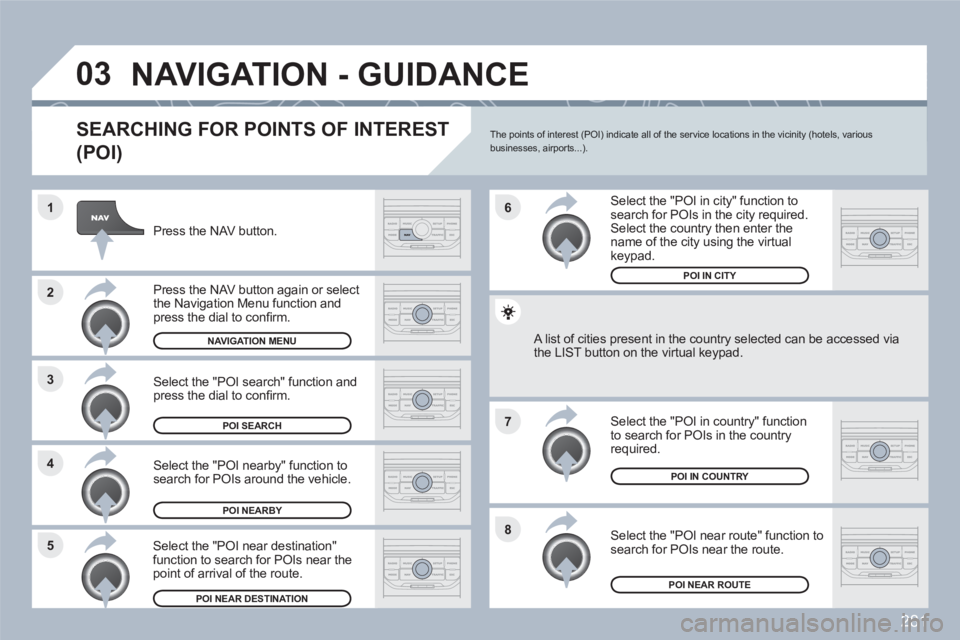 PEUGEOT 308 SW BL 2010 Owners Manual 281
8
6
7
4 3
5 2 1
03NAVIGATION - GUIDANCE
SEARCHING FOR POINTS OF INTEREST
(POI)
Press the NAV button.
Press the NAV button again or select the Navigation Menu function and press the dial to PEUGEOT 308 SW BL 2010 Owners Manual 281
8
6
7
4 3
5 2 1
03NAVIGATION - GUIDANCE
SEARCHING FOR POINTS OF INTEREST
(POI)
Press the NAV button.
Press the NAV button again or select the Navigation Menu function and press the dial to