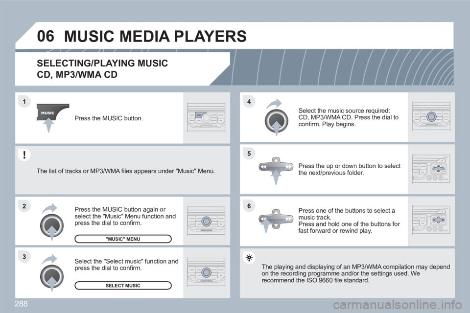 PEUGEOT 308 SW BL 2010 Owners Manual 288
06
6 4
5
3 2 1
SELECTING/PLAYING MUSIC
CD, MP3/WMA CD
The playing and displaying of an MP3/WMA compilatioon may dependon the recording programme and/or the settings used. Werecommend the ISO 96 PEUGEOT 308 SW BL 2010 Owners Manual 288
06
6 4
5
3 2 1
SELECTING/PLAYING MUSIC
CD, MP3/WMA CD
The playing and displaying of an MP3/WMA compilatioon may dependon the recording programme and/or the settings used. Werecommend the ISO 96