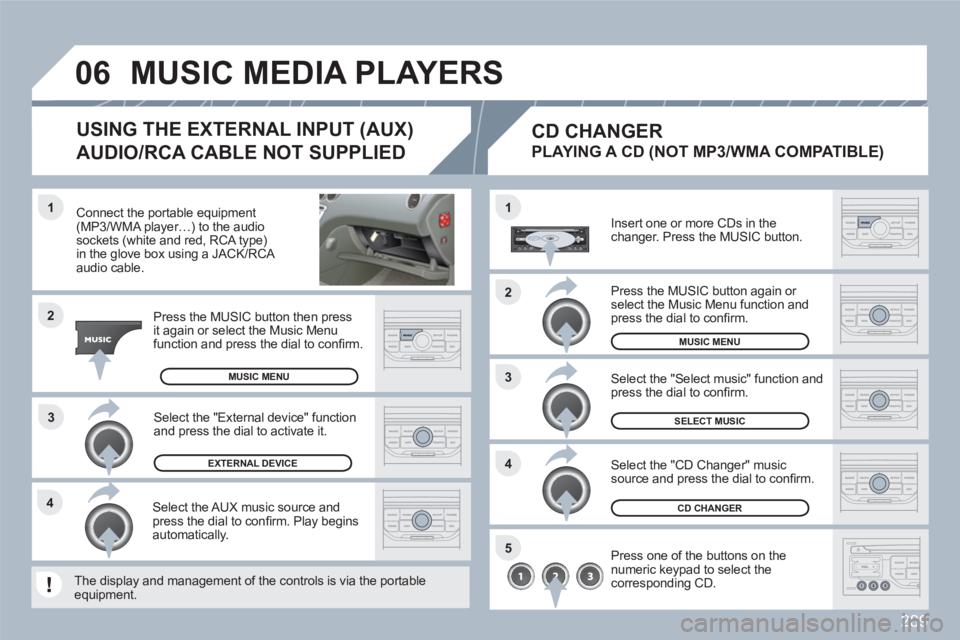 PEUGEOT 308 SW BL 2010 Owners Manual 289
3 1
2
06
1
4
2
3
5
4
Connect the portable equipment(MP3/WMA player…) to the audiosockets (white and red, RCA type) in the glove box using a JACK/RCA audio cable.
Press the MUSIC button then PEUGEOT 308 SW BL 2010 Owners Manual 289
3 1
2
06
1
4
2
3
5
4
Connect the portable equipment(MP3/WMA player…) to the audiosockets (white and red, RCA type) in the glove box using a JACK/RCA audio cable.
Press the MUSIC button then