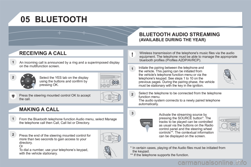 PEUGEOT 308 SW BL 2010 Owners Manual 311
05
11
22
11
22
33
22
11
RECEIVING A CALL
An incoming call is announced by a ring and a superimposed display on the multifunction screen. Initiate the pairing between the telephone and the PEUGEOT 308 SW BL 2010 Owners Manual 311
05
11
22
11
22
33
22
11
RECEIVING A CALL
An incoming call is announced by a ring and a superimposed display on the multifunction screen. Initiate the pairing between the telephone and the