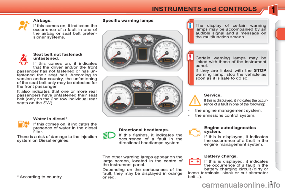 PEUGEOT 308 SW BL 2010 Owners Guide i
!
31
INSTRUMENTS and CONTROLS
The display of certain warning
lamps may be accompanied by an
audible signal and a message on
the multifunction screen.
Specifi c warning lamps
The o PEUGEOT 308 SW BL 2010 Owners Guide i
!
31
INSTRUMENTS and CONTROLS
The display of certain warning
lamps may be accompanied by an
audible signal and a message on
the multifunction screen.
Specifi c warning lamps
The o
