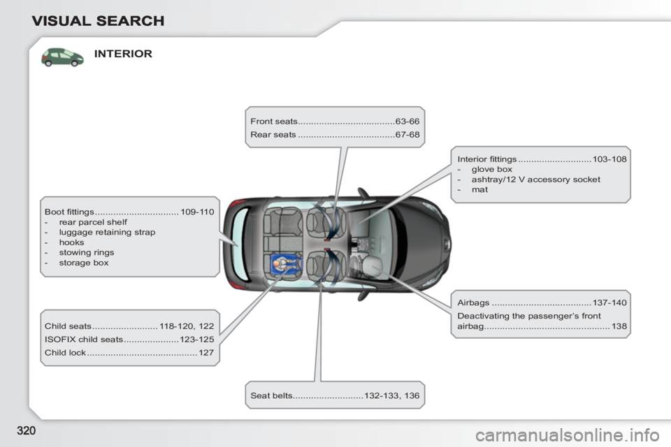 PEUGEOT 308 SW BL 2010 Owners Manual INTERIOR
Boot fi ttings ................................ 109-110
- rear parcel shelf
- luggage retaining strap
- hooks
- stowing rings
- storage box
Child seat PEUGEOT 308 SW BL 2010 Owners Manual INTERIOR
Boot fi ttings ................................ 109-110
- rear parcel shelf
- luggage retaining strap
- hooks
- stowing rings
- storage box
Child seat