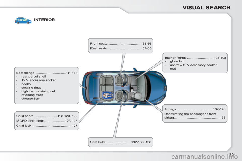 PEUGEOT 308 SW BL 2010 Owners Manual INTERIOR
Boot fi ttings .................................111-113
- rear parcel shelf
- 12 V accessory socket
- hooks
- stowing rings
- high load retaining net
PEUGEOT 308 SW BL 2010 Owners Manual INTERIOR
Boot fi ttings .................................111-113
- rear parcel shelf
- 12 V accessory socket
- hooks
- stowing rings
- high load retaining net
