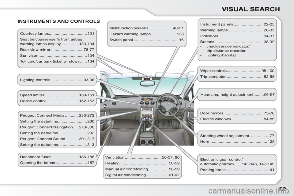 PEUGEOT 308 SW BL 2010 Owners Manual INSTRUMENTS AND CONTROLS
Courtesy lamps................................. 101
Seat belt/passenger’s front airbag
warning lamps display ...............133-134
Rear view mirror ............ PEUGEOT 308 SW BL 2010 Owners Manual INSTRUMENTS AND CONTROLS
Courtesy lamps................................. 101
Seat belt/passenger’s front airbag
warning lamps display ...............133-134
Rear view mirror ............