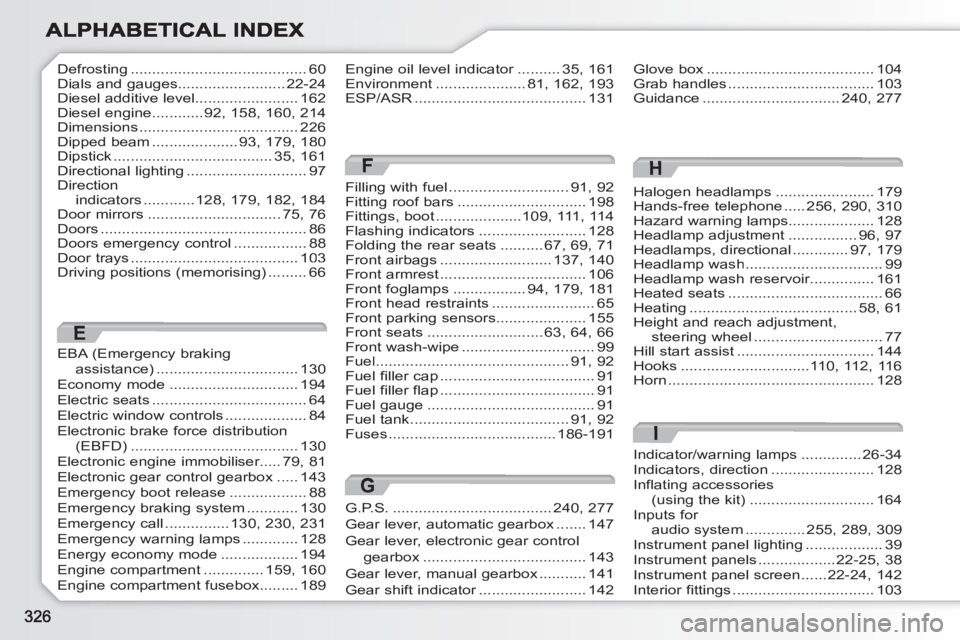 PEUGEOT 308 SW BL 2010 Owners Manual Halogen headlamps.......................179Hands-free telephone.....256,290,310Hazard warning lamps....................128Headlamp adjustment................96,97Headlamps, directional.............97, PEUGEOT 308 SW BL 2010 Owners Manual Halogen headlamps.......................179Hands-free telephone.....256,290,310Hazard warning lamps....................128Headlamp adjustment................96,97Headlamps, directional.............97,