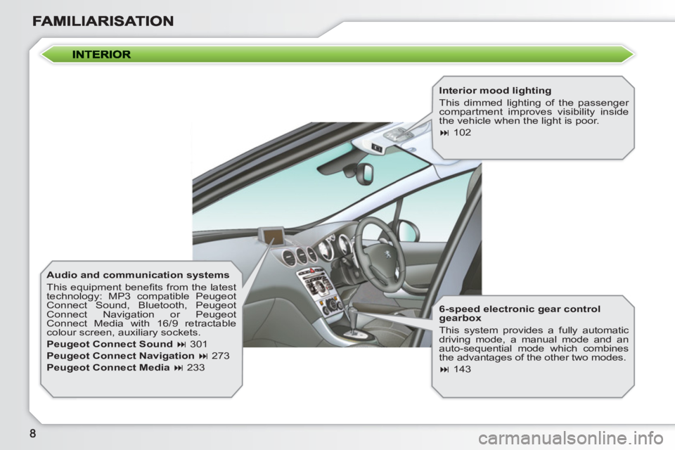 PEUGEOT 308 SW BL 2010  Owners Manual    
Interior mood lighting 
  This dimmed lighting of the passenger 
compartment improves visibility inside 
the vehicle when the light is poor. 
   
 
� 
 102  
 
   
6-speed electronic gear control