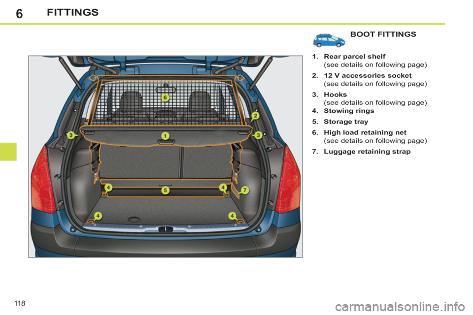 PEUGEOT 308 SW BL 2012  Owners Manual 6
118
FITTINGS
BOOT FITTINGS
   
 
1. 
  Rear parcel shelf 
   
  (see details on following page) 
   
2. 
  12 V accessories socket 
   
  (see details on following page) 
   
3. 
  Hooks 
   
  (see