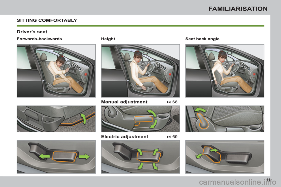 PEUGEOT 308 SW BL 2012 User Guide 11
FAMILIARISATION
 SITTING COMFORTABLY 
   
Drivers seat 
   
Manual adjustment 
   
Electric adjustment 
 
 
Forwards-backwards  
   
 
� 
 68  
 
   
 
� 
 69  
    
Seat back angle  
   
 
Heig