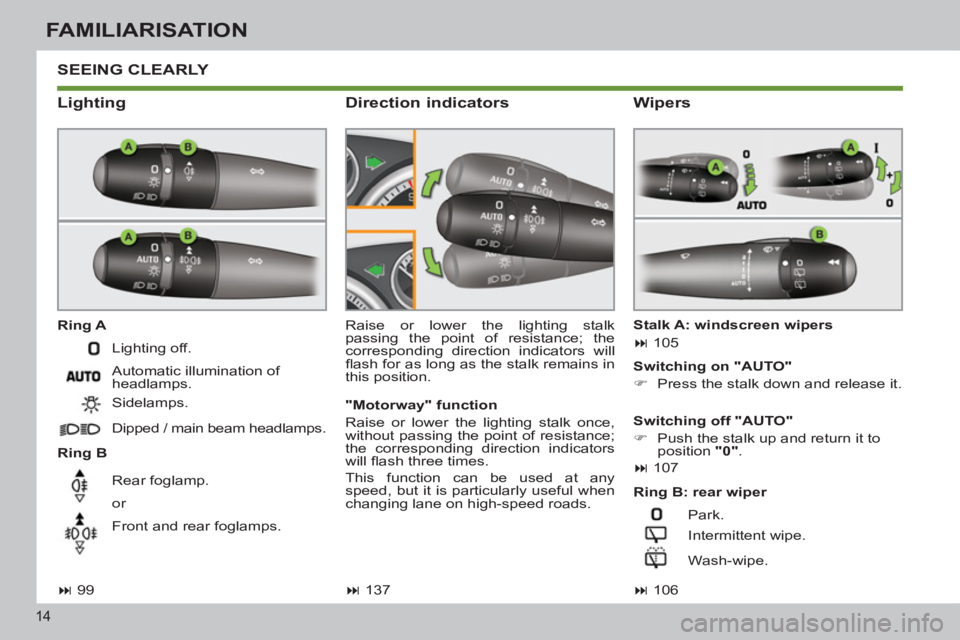 PEUGEOT 308 SW BL 2012 User Guide 14
FAMILIARISATION
 SEEING CLEARLY 
   
Lighting 
 
 
Ring A 
   
Ring B   Raise or lower the lighting stalk 
passing the point of resistance; the 
corresponding direction indicators will 
ﬂ ash for