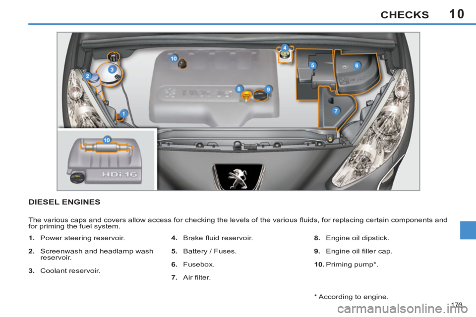 PEUGEOT 308 SW BL 2012  Owners Manual 10
173
CHECKS
DIESEL ENGINES
  The various caps and covers allow access for checking the levels of the various ﬂ uids, for replacing certain components and 
for priming the fuel system. 
   
 
1. 
 