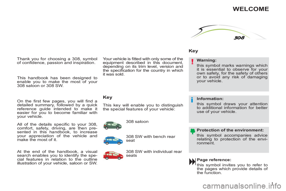 PEUGEOT 308 SW BL 2012  Owners Manual !
i
1
  Thank you for choosing a 308, symbol 
of conﬁ dence, passion and inspiration. 
   
Page reference: 
  this symbol invites you to refer to 
the pages which provide details of 
the function.  