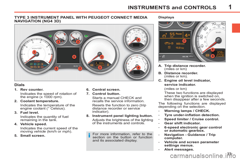 PEUGEOT 308 SW BL 2012  Owners Manual 1INSTRUMENTS and CONTROLS
   
 
 
 
 
 
 
 
 
 
 
 
TYPE 3 INSTRUMENT PANEL WITH PEUGEOT CONNECT MEDIA 
NAVIGATION (NG4 3D) 
   
 
1. 
  Rev counter. 
   
  Indicates the speed of rotation of 
the eng