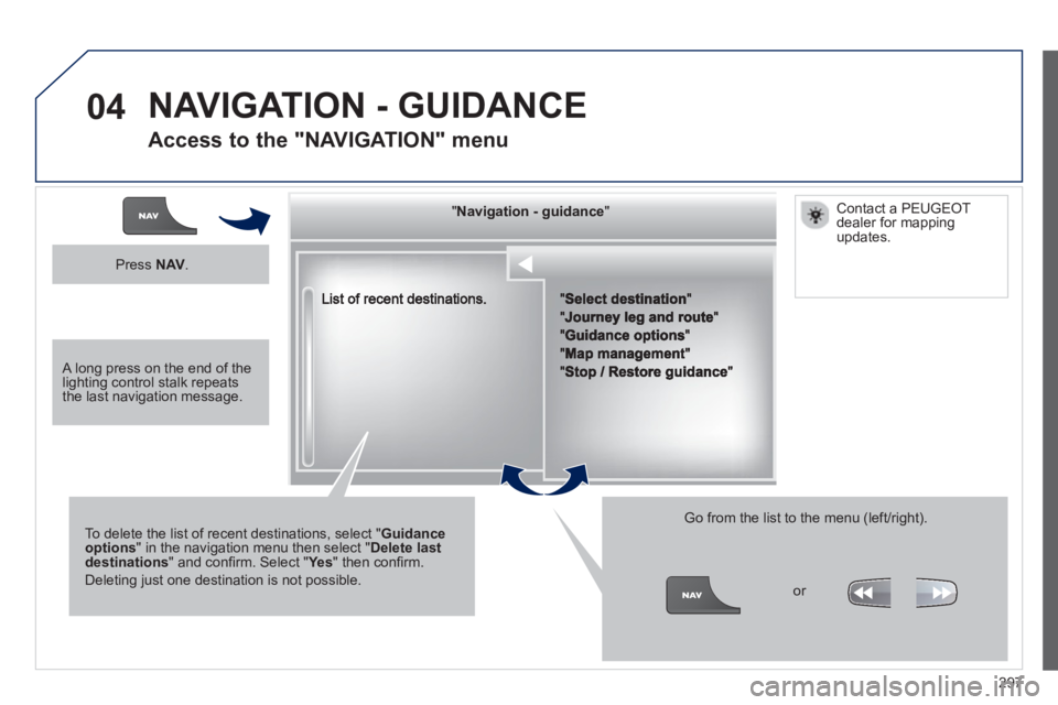 PEUGEOT 308 SW BL 2012  Owners Manual 297
04
""""""""""""ggggggggggNavigation  guidanceNavigation guidanceNavigation guidanceNavigation guidanceNavigation guidanceNavigation - guidanceNavigation - guidanceNavigation - guidanceNavigation -