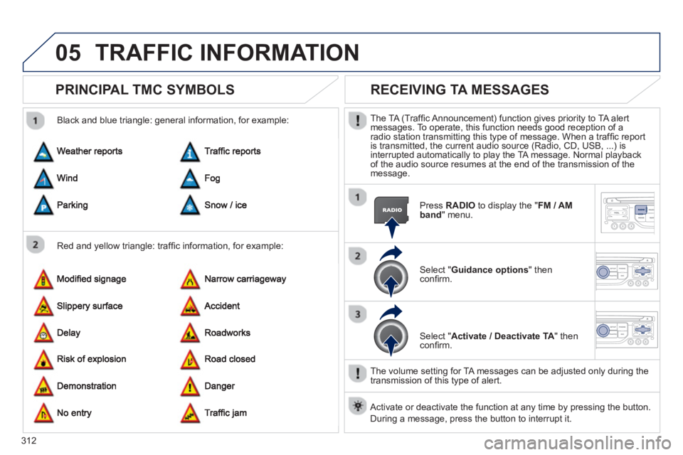 PEUGEOT 308 SW BL 2012  Owners Manual 312
05TRAFFIC INFORMATION
PRINCIPAL TMC SYMBOLS 
   
Red and yellow triangle: trafﬁ c information, for example:     
Black and blue trian
gle: general information, for example: 
RECEIVING TA MESSAGE