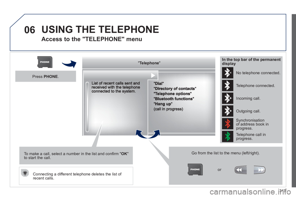 PEUGEOT 308 SW BL 2012  Owners Manual 313
06  USING THE TELEPHONE
 
 
Access to the "TELEPHONE" menu 
"""""""ppppeepoeTelephoneTelephoneTelephoneTelephoneTelephoneTelephoneTelephoneTelephoneTelephoneTelephoneTelephoneTelephoneTelephoneTel