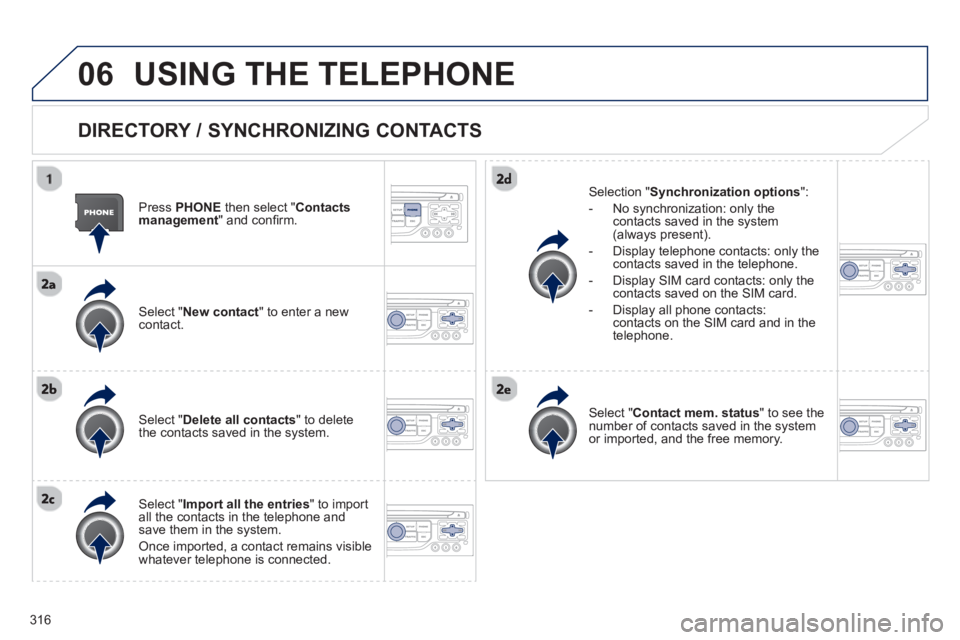 PEUGEOT 308 SW BL 2012  Owners Manual 316
06USING THE TELEPHONE
   
DIRECTORY / SYNCHRONIZING CONTACTS
 
 
Press PHONE 
 then select " Contacts 
management  " and conﬁ rm.  
   
Select "New contact 
" to enter a new contact.
   
Select 