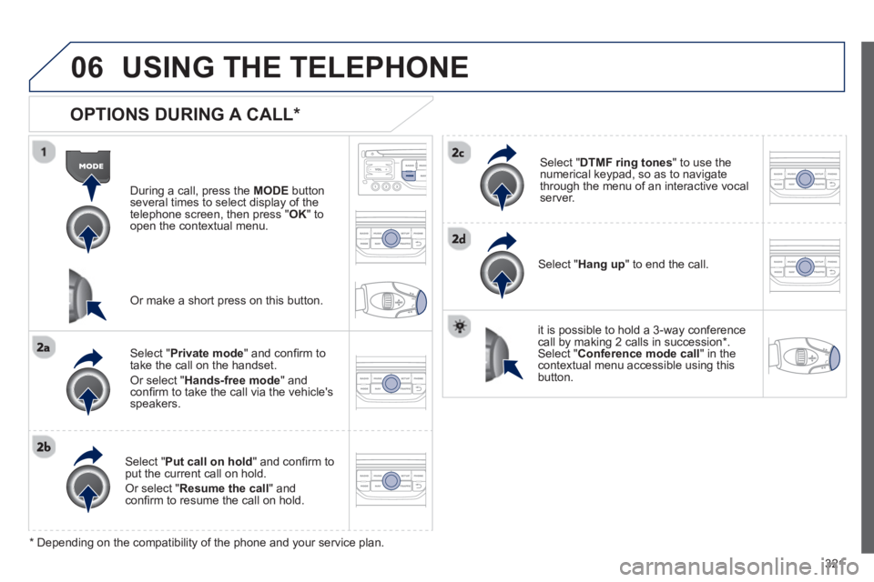 PEUGEOT 308 SW BL 2012  Owners Manual 321
06USING THE TELEPHONE
   
OPTIONS DURING A CALL *  
During a call, press the  MODE 
 button 
several times to select display of the
telephone screen, then press "  OK " to 
open the contextual men