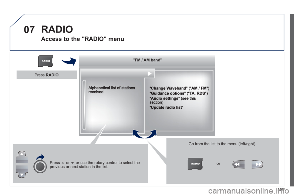 PEUGEOT 308 SW BL 2012  Owners Manual 323
07  RADIO 
Access to the "RADIO" menu 
""""""""FM / AM bandFM / AM bandFM / AM bandFM / AM bandFM / AM bandFM / AM bandFM / AM bandFM / AM bandFM / AM bandFM / AM bandFM / AM bandFM / AM bandFM / 