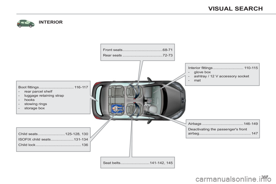 PEUGEOT 308 SW BL 2012 Owners Manual 367
VISUAL SEARCH
INTERIOR
Boot fi ttings ................................ 116-117
- rear parcel shelf
- luggage retaining strap
- hooks
- stowing rings
- storag PEUGEOT 308 SW BL 2012 Owners Manual 367
VISUAL SEARCH
INTERIOR
Boot fi ttings ................................ 116-117
- rear parcel shelf
- luggage retaining strap
- hooks
- stowing rings
- storag
