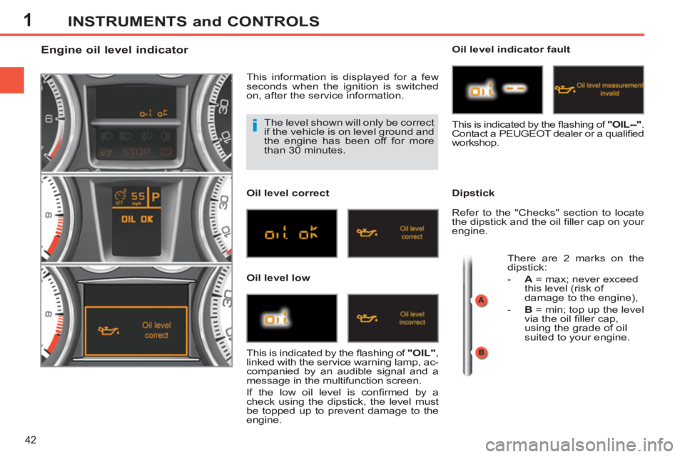 PEUGEOT 308 SW BL 2012  Owners Manual 1
42
INSTRUMENTS and CONTROLS
  The level shown will only be correct 
if the vehicle is on level ground and 
the engine has been off for more 
than 30 minutes. 
   
 
 
 
 
 
 
 
 
 
 
 
 
 
 
Engine 