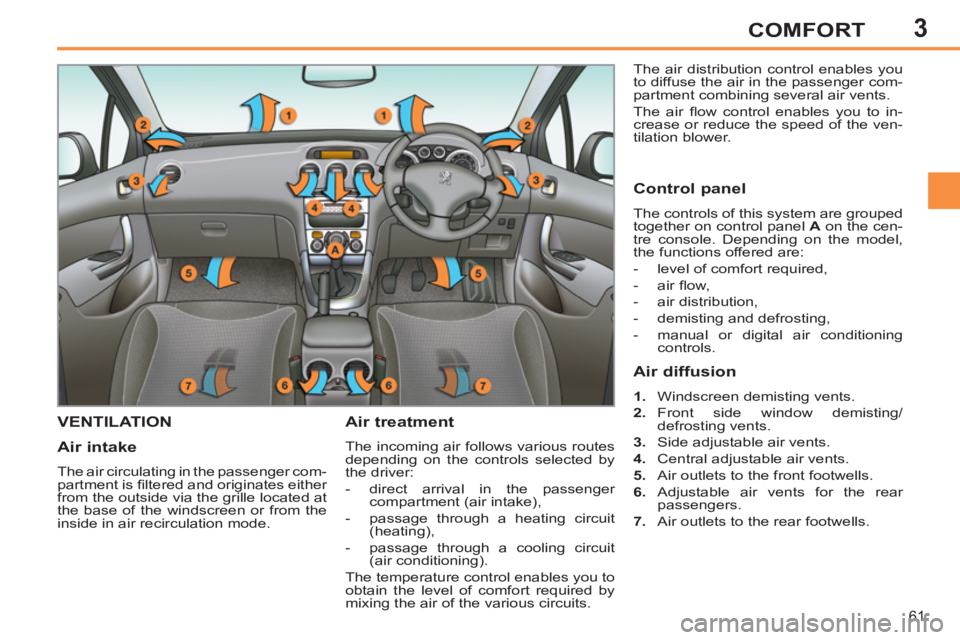 PEUGEOT 308 SW BL 2012 Repair Manual 3
61
COMFORT
VENTILATION   
Air treatment 
 
The incoming air follows various routes 
depending on the controls selected by 
the driver: 
   
 
-   direct arrival in the passenger 
compartment (air in