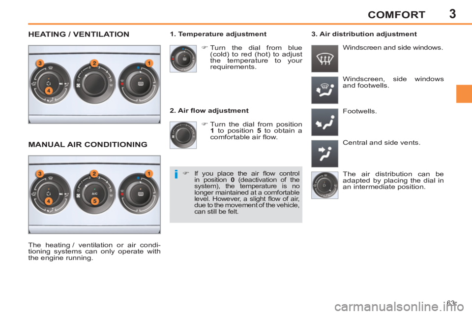 PEUGEOT 308 SW BL 2012 Repair Manual 3
63
COMFORT
   
2. Air ﬂ ow adjustment 
   
 
�) 
 Turn the dial from position 
  1 
 to position  5 
 to obtain a 
comfortable air ﬂ ow.   Windscreen, side windows 
and footwells. 
  Footwells. 