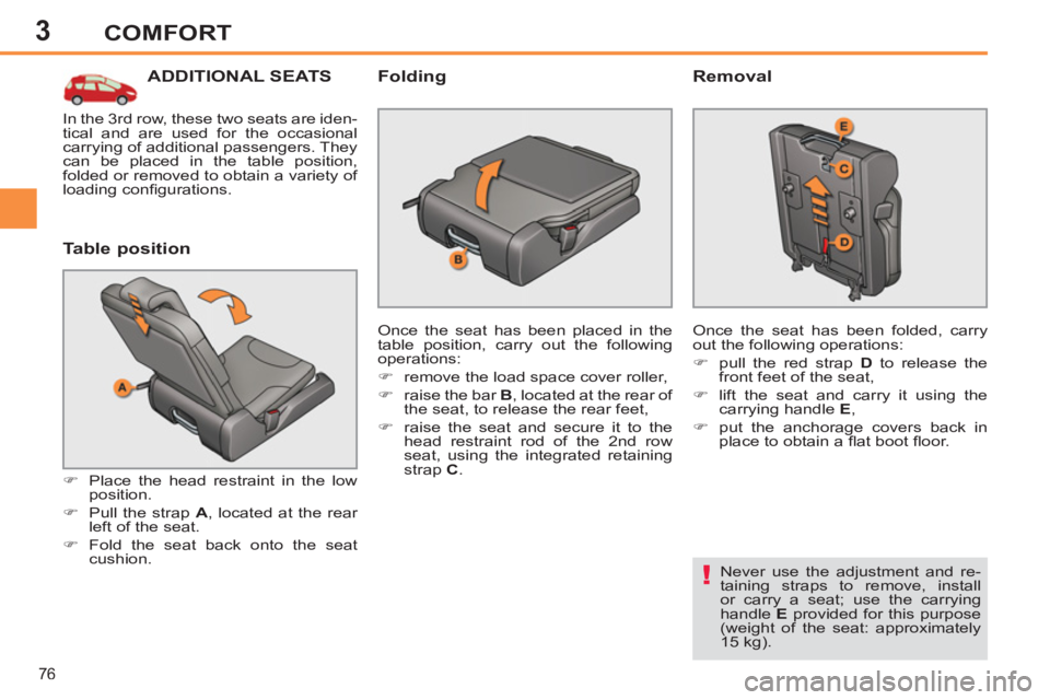 PEUGEOT 308 SW BL 2012 Manual PDF 3
76
COMFORT
ADDITIONAL SEATS 
   
Table position 
 
 
 
�) 
  Place the head restraint in the low 
position. 
   
�) 
  Pull the strap  A 
, located at the rear 
left of the seat. 
   
�) 
  Fold the