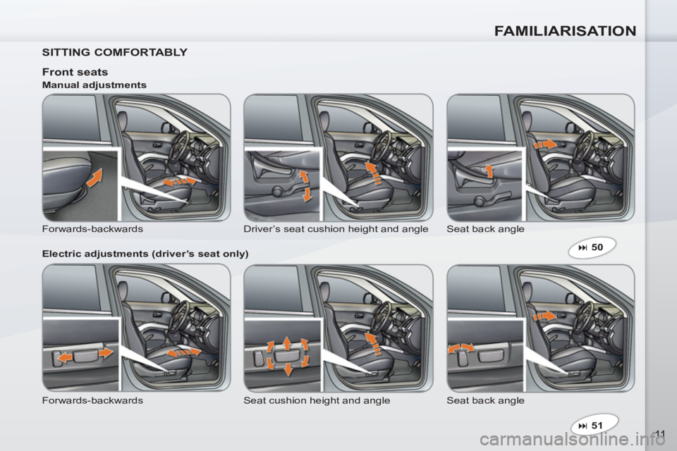 PEUGEOT 4007 2011 User Guide FAMILIARISATION
11
   
SITTING COMFORTABLY  
 
 
 
� 
 51  
 
 
 
 
Front seats 
 
Forwards-backwards  Driver’s seat cushion height and angle   Seat back angle     
Manual adjustments 
   
Electric