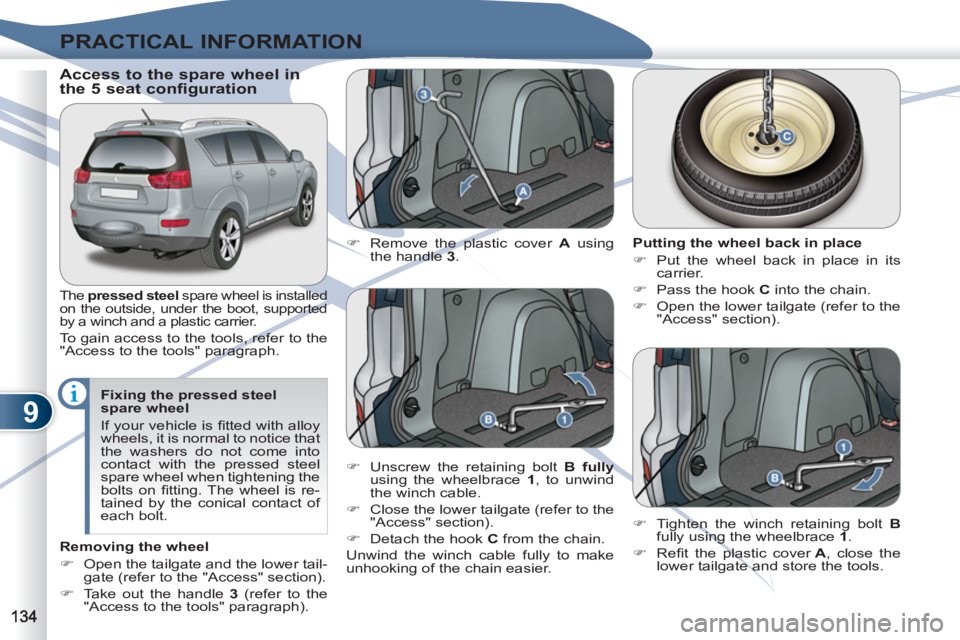PEUGEOT 4007 2011  Owners Manual 9
PRACTICAL INFORMATION
   
 
 
 
 
 
 
 
 
 
 
Access to the spare wheel in 
the 5 seat configuration 
  The  pressed steel 
 spare wheel is installed 
on the outside, under the boot, supported 
by a