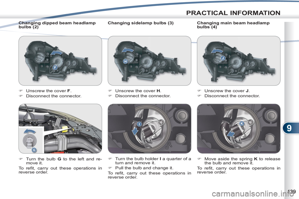 PEUGEOT 4007 2011  Owners Manual 9
PRACTICAL INFORMATION
   
Changing sidelamp bulbs (3) 
   
 
�) 
  Unscrew the cover  H 
. 
   
�) 
  Disconnect the connector. 
   
�) 
  Turn the bulb holder  I 
 a quarter of a 
turn and remove i