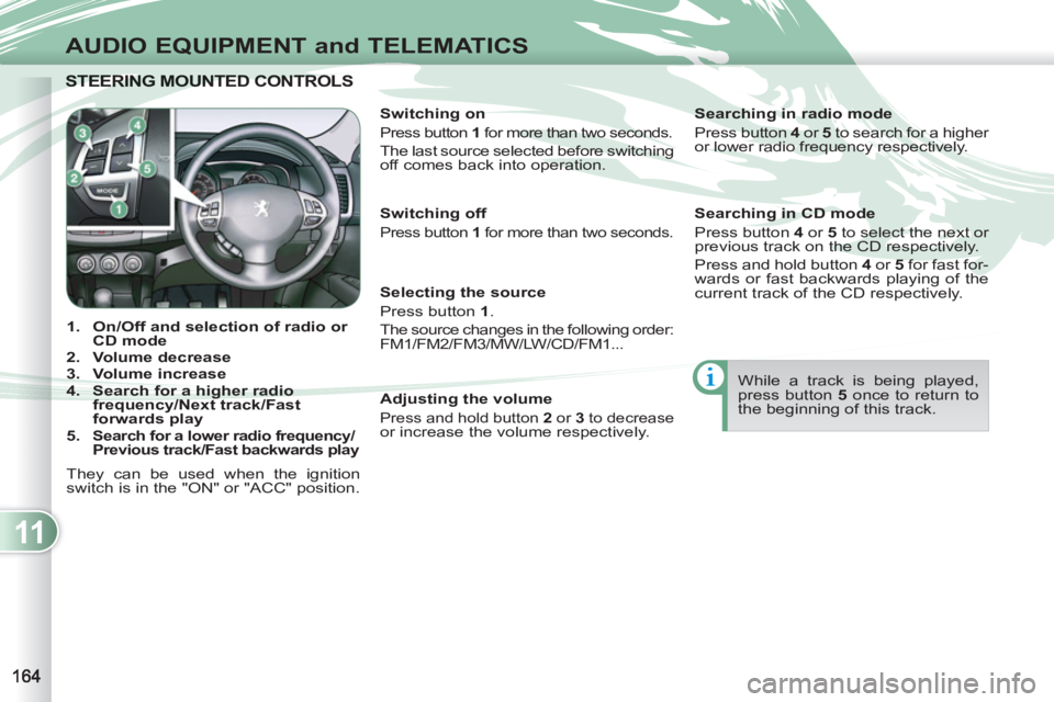 PEUGEOT 4007 2011 User Guide 11
AUDIO EQUIPMENT and TELEMATICS
STEERING MOUNTED CONTROLS STEERING MOUNTED CONTRO
   
 
 
1. 
  On/Off and selection of  
 
radio or 
CD mode 
 
   
2. 
  Volume decrease 
 
   
3. 
  Volume increas