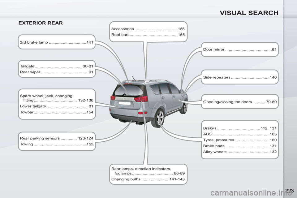 PEUGEOT 4007 2011  Owners Manual VISUAL SEARCH
   
EXTERIOR REAR 
 
3rd brake lamp ................................141 
  Tailgate ........................................ 80-81 
  Rear wiper .........................................