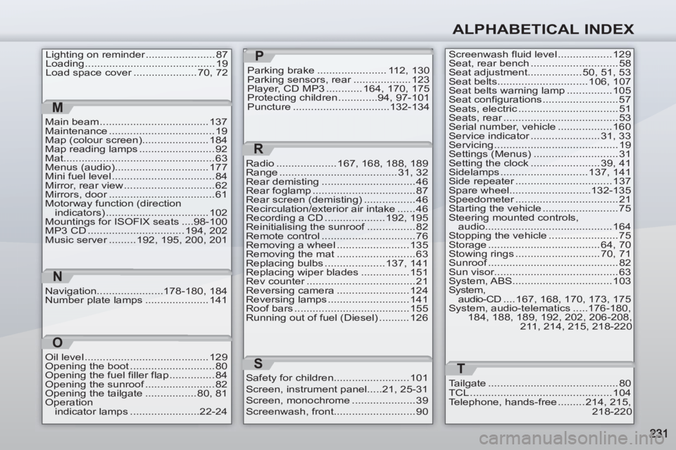 PEUGEOT 4007 2011  Owners Manual ALPHABETICAL INDEX
Lighting on reminder ....................... 87
Loading ........................................... 19
Load space cover ..................... 70, 72P
Parking brake .................