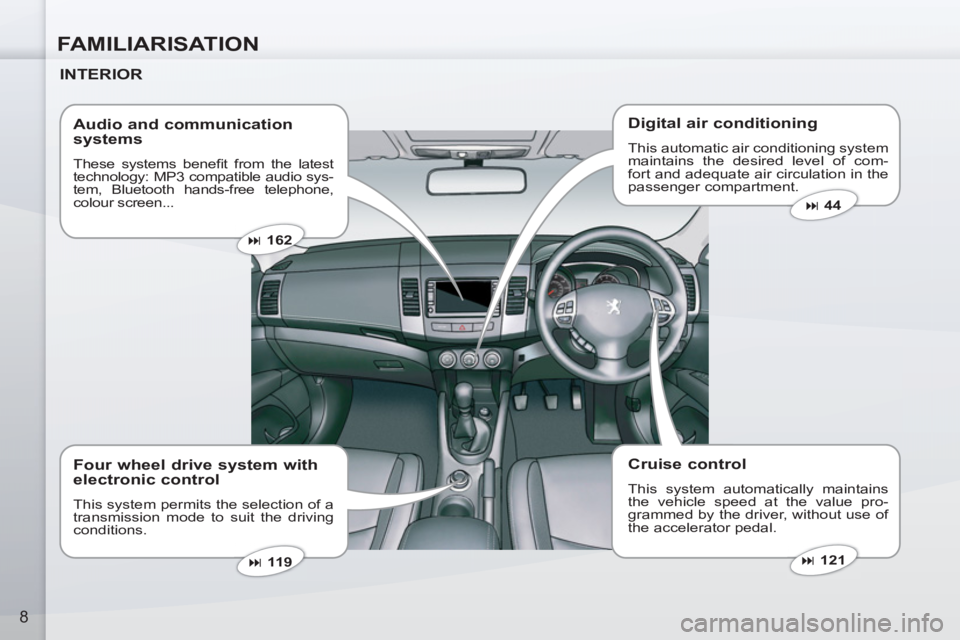 PEUGEOT 4007 2011  Owners Manual FAMILIARISATION
8
   
INTERIOR  
   
Digital air conditioning 
 
This automatic air conditioning system 
maintains the desired level of com-
fort and adequate air circulation in the 
passenger compart