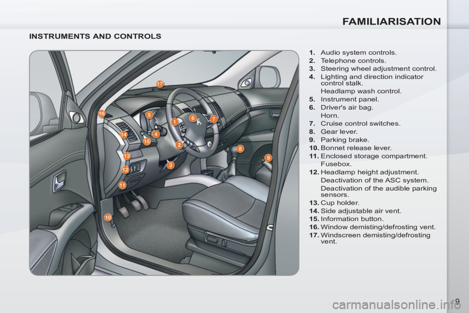 PEUGEOT 4007 2012  Owners Manual FAMILIARISATION
9
   
INSTRUMENTS AND CONTROLS 
 
 
 
1. 
  Audio system controls. 
   
2. 
 Telephone controls. 
   
3. 
  Steering wheel adjustment control. 
   
4. 
  Lighting and direction indicat